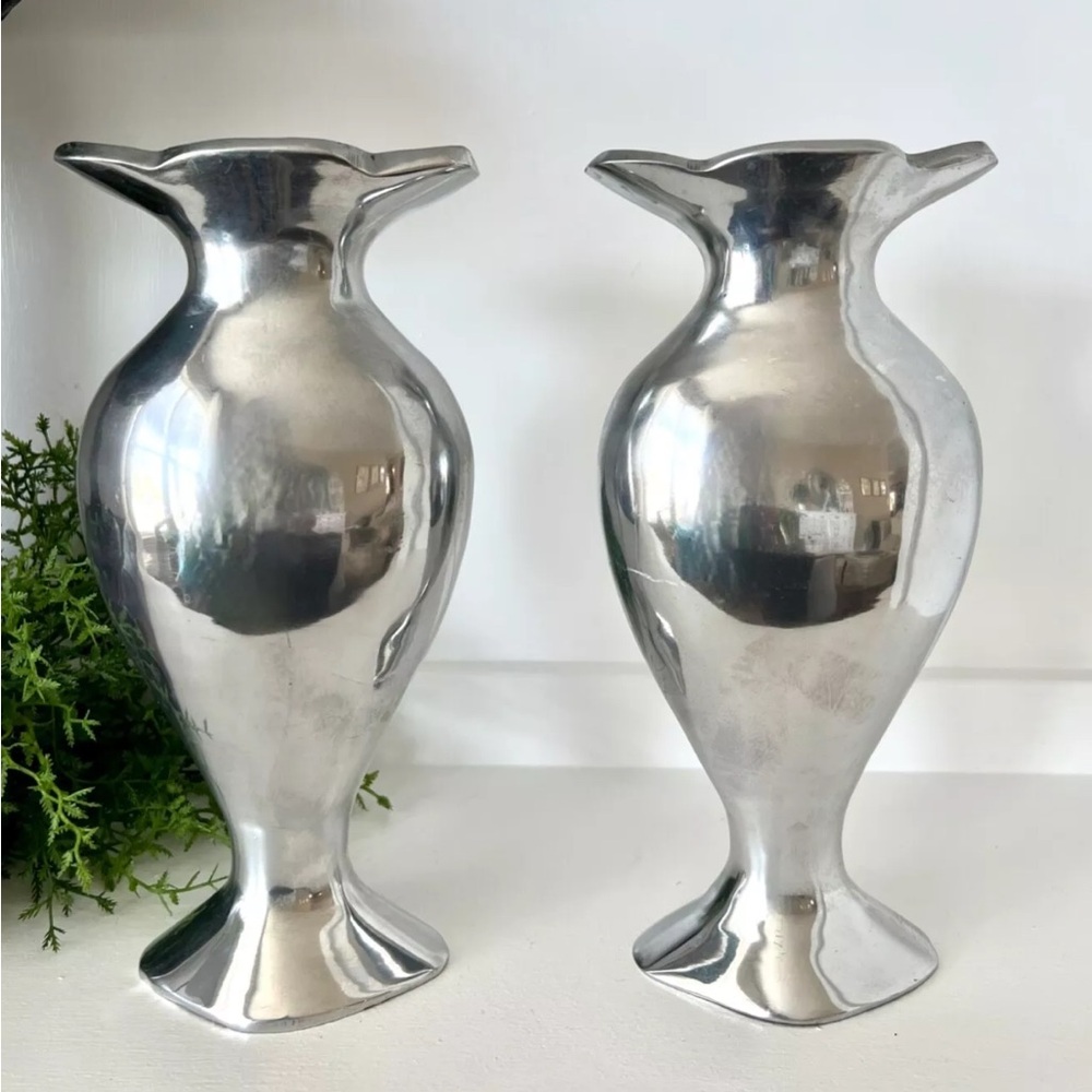 {SOLD} Pair of vintage silver chrome pewter metal French amphora vases